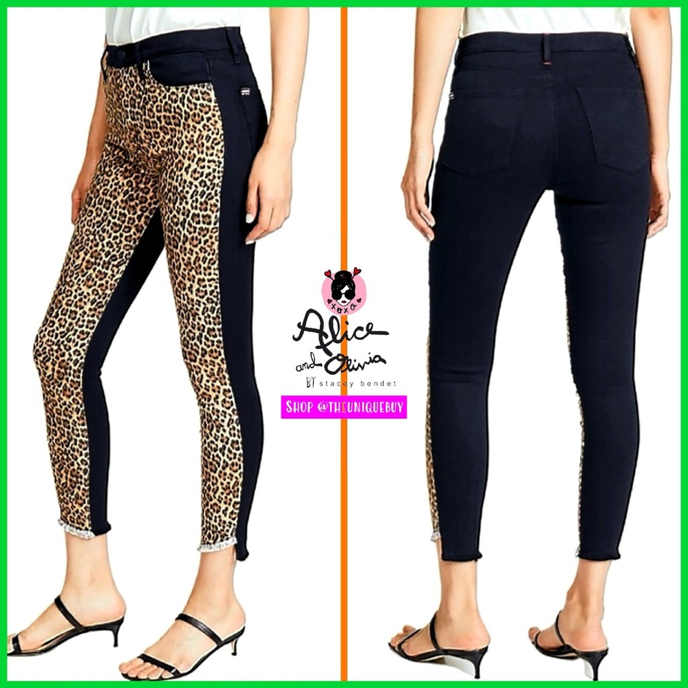 Alice + Olivia Leopard Black Cropped Skinny Denim Jeans Pant - Picture 7 of 16